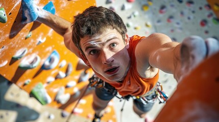 Obraz premium A person climbing on a rocky wall with an expression of surprise, can be used for adventure or outdoor-themed projects