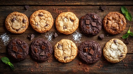 Fototapeta premium Delicious Assortment of Chocolate Chip Cookies on Rustic Wooden Surface
