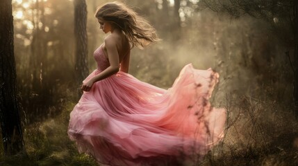 Fototapeta premium Pretty young woman in pink dress is in the forest