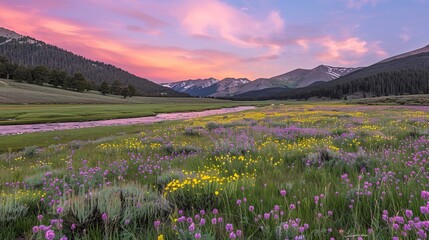 Fototapeta premium Breathtaking alpine meadows filled with colorful wildflowers and conifers under a peaceful sunrise