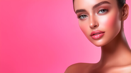 A young woman gazes directly at the camera showcasing her radiant skin and soft makeup. The bright pink background highlights her features, creating an appealing look