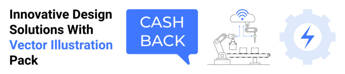 Robotic arm producing goods, cashback text box, and a cog icon with lightning bolt. Ideal for automation, fintech, energy, manufacturing, e-commerce, technology flat landing page banner