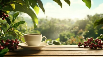 A morning hot coffee cup on the wooden background of coffee plantation.Beautiful view.