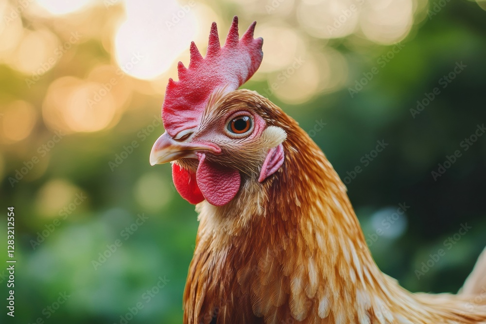 Poster Close up of a brown hen displaying vibrant feathers and intricate details during golden hour in a lush garden setting. Generative AI