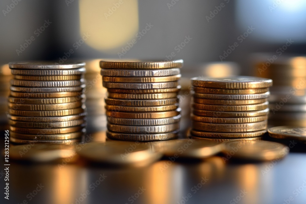 Aufkleber stacked coins reflecting light from a nearby window in a modern setting. generative ai