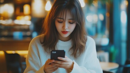 Fototapeta premium Young female freelancer checking email on cell during coffee break. Business concept.