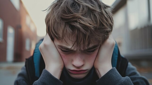 Upset teen suffering school bullying, dysfunctional family, depression concept