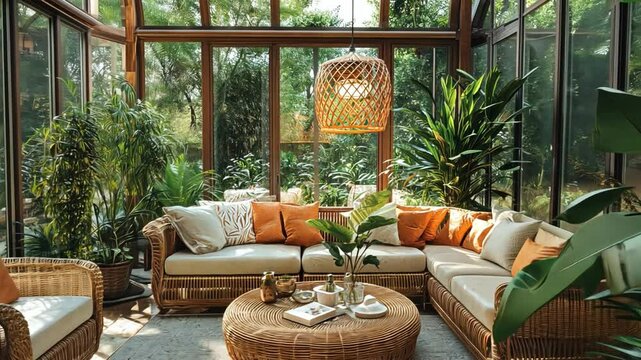 Cozy sunrooms filled with rattan furniture, tropical plants, and natural light.
