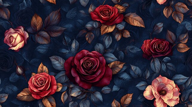 A seamless pattern of velvety red and burgundy roses, artistically arranged with curling botanical elements and detailed leaves. The deep indigo background adds depth,