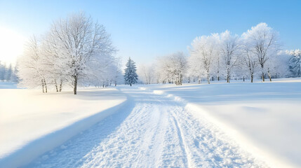 Fototapeta premium Snowy path through winter park, sunrise