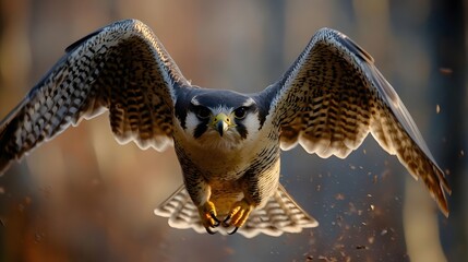 Fototapeta premium Majestic falcon soaring through the forest with wings spread wide, capturing the essence of freedom