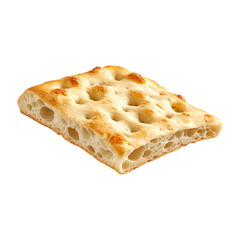 A delicious focaccia bread isolated on a white transparent background, Italian bread, usually flavored with olive oil and herbs.