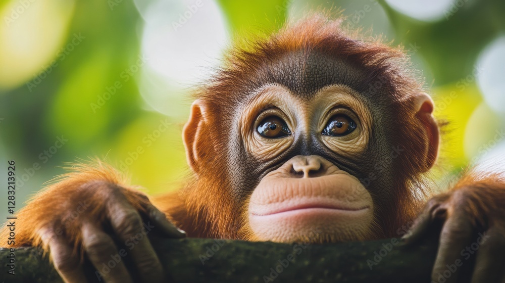 Poster young orangutan curiously peers over a branch in a lush tropical jungle setting during daylight hour