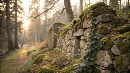 Captivating Bokeh Effect on the Weathered Ruins of an Ancient Boulder Building Wall with Lush Greenery and Soft Light Accents for a Serene and Timeless Atmosphere