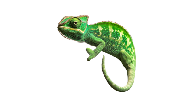 Bright green chameleon perched in mid air position