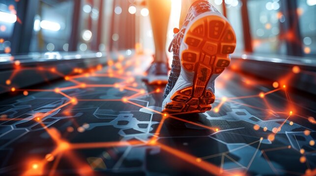 Close up of foot on treadmill for cardiorespiratory endurance testing with text space - Powered by Adobe