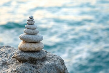 Fototapeta premium A stack of rocks sits atop another rock near the ocean, offering a unique geological formation