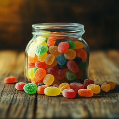 Colorful candy jar on wooden table.