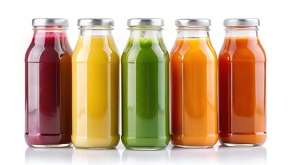 Five Bottles of Juice on White Background