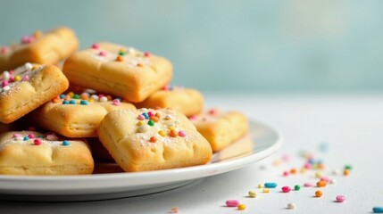 A plate of square-shaped sweet treats, delicately dusted with powdered sugar and vibrant sprinkles.  These delightful pastries offer a delightful combination of textures and flavors.