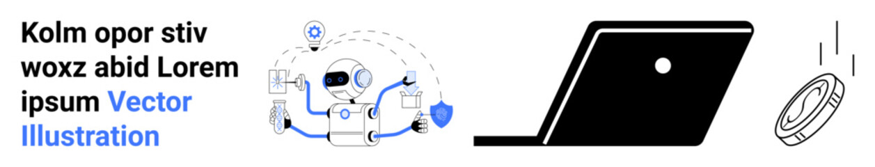 Robot interacting with digital icons, open laptop, and falling coin conveying modern tech, artificial intelligence, digital workflow, fintech, innovation, productivity, abstract line flat metaphor