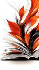   An orange and black designed book with a leaf on its cover