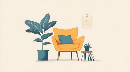 Fototapeta premium Yellow armchair with plant and side table in a room