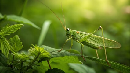 Fototapeta premium Emerald Grasshopper Perched: A captivating close-up of a vibrant green grasshopper resting gracefully on a lush leaf, illuminated by a sunbeam, embodying the beauty of nature's miniature marvels.