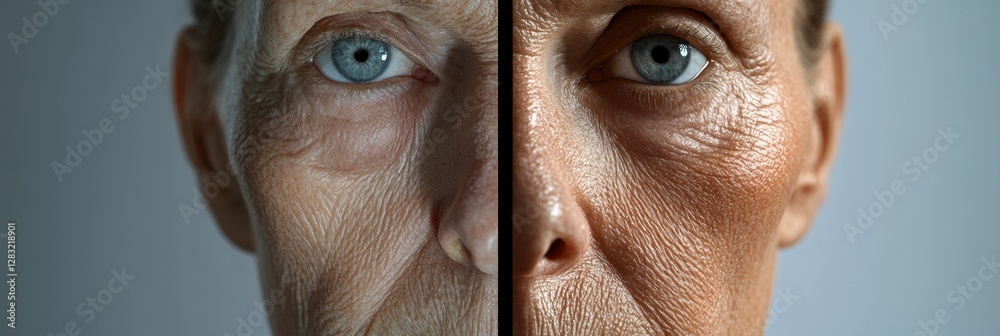 Aufkleber Transforming appearance of aging through skin rejuvenation in a side by side comparison of youth and age. Generative AI