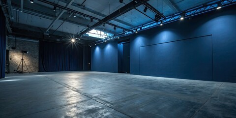 Dark Blue Studio Product Photography Background, Concrete Floor, Blue Soft Light, Empty Space, Wall Display, Black Cement Backdrop, Mockup