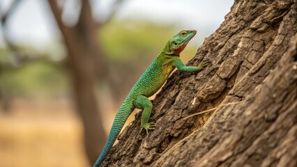 Fototapeta premium A Lizard's Ascent: A vibrant green lizard climbs a tree trunk, showcasing its exquisite detail, scale, texture, and captivating camouflage.