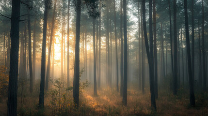 Obraz premium Dawn's Embrace: Misty Pine Forest 