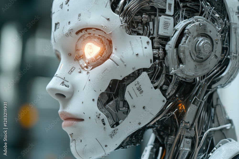 Poster Side profile of a cybernetic head showcasing mechanical structures and a glowing robotic eye in a futuristic setting. Generative AI