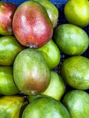 Colorful variety of ripe mangoes arranged neatly in a blue crate at the local market