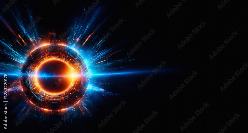 Aufkleber vibrant orange and blue energy bursts from a circular ring shape, creating a dynamic and abstract co