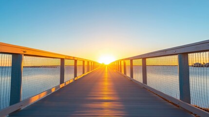 Obraz premium Wooden boardwalk extending towards a vibrant sunset over water
