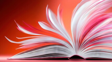   An image of a close-up of an open book with pink and white feathers emerging from its front pages