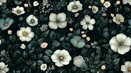 An enchanting nocturnal floral pattern, featuring intricately illustrated wildflowers in subtle pastel shades. The rich blackened green background deepens the vintage-inspired aesthetic,