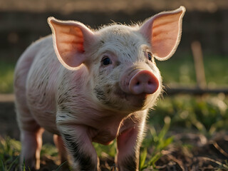 Curious Piglet Exploring the Farm: A curious piglet exploring the farm, looking around with its tiny ears perked up. 