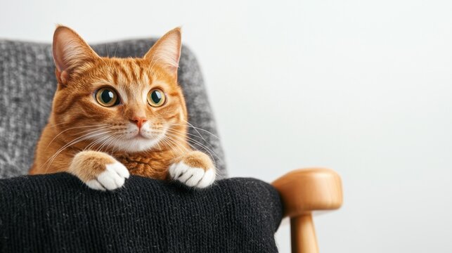 Cat Allergy Concept, Curious Cat with Striking Green Eyes Peeking Over a Black Sweater on a Cozy Chair