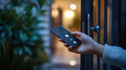 Hand holding smartphone unlocking smart door symbolizing home automation, digital security, smart home devices, wireless technology, and secure smart home access solutions for modern living.