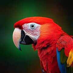 Fototapeta premium Vibrant Close-Up of a Scarlet Macaw Against a Soft Green Background with Detailed Feather Texture