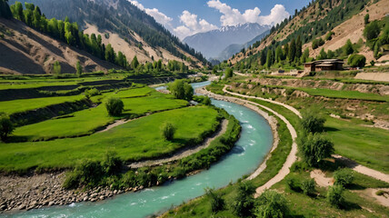 A scenic valley features a winding turquoise river, surrounded by lush green fields, with mountains in the background and a rustic house on the slope.