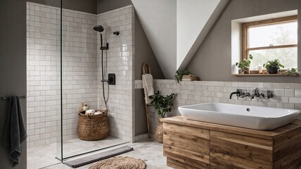 Serene Scandinavian Bathroom with Floating Wooden Vanity, Rainfall Shower, and Natural Elements Mock Up