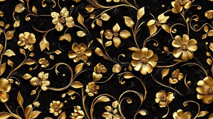 An intricate golden floral tapestry, featuring luminous foliage and delicate blossoms elegantly cascading over a rich black background. The seamless pattern is adorned with fine filigree,