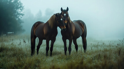 Horses Nuzzling in Fog

