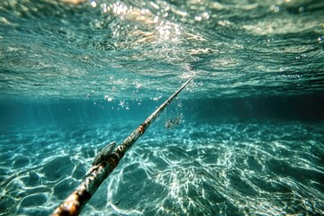 Obraz premium A fishing rod stands upright in the middle of a calm body of water, perfect for a serene and peaceful scene or use as a prop in your next project