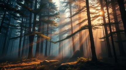 Obraz premium Golden sunlight filters through the misty forest, creating a tranquil and magical scene.