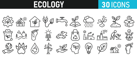 Ecology and Environment icons set. Ecology and Energy liner icons collection. Leaf, Eco friendly. Electric car, global warming, plant, weather. Vector illustration