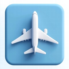 Airplane Icon: A stylized 3D render of a white airplane icon on a light blue square background, perfect for travel, aviation, and app design. 